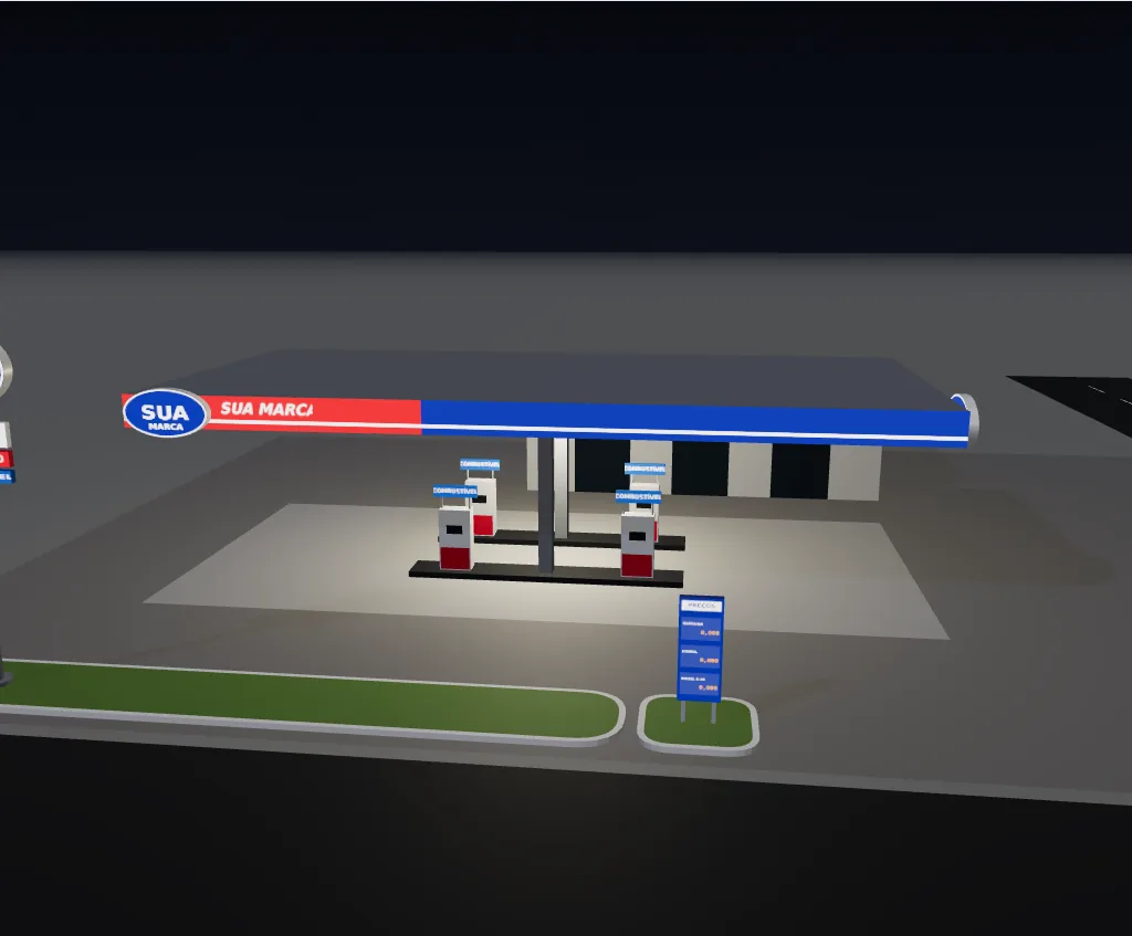 Posto em 3D à noite, com testeira iluminada