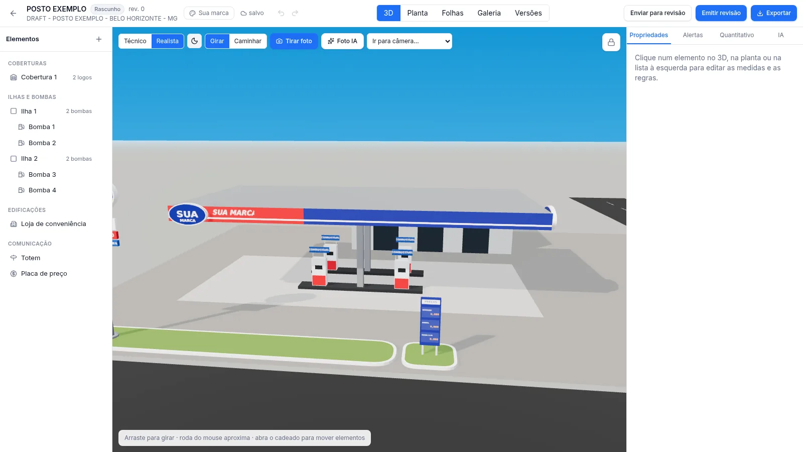 Editor do Preobra com o posto em 3D, a lista de elementos e o painel de propriedades